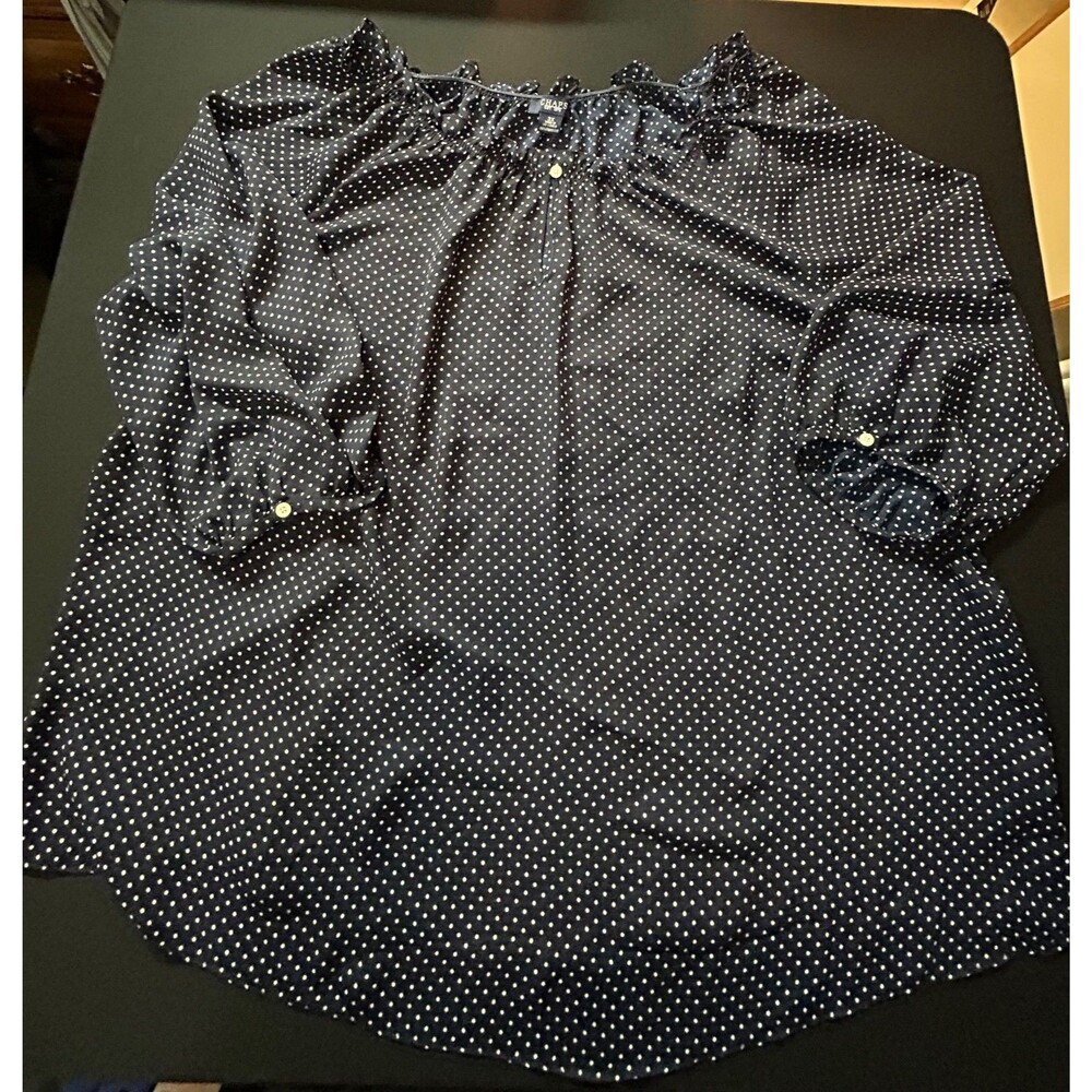 NWOT Chaps 3X Navy White Polka Dot Blouse Ruffle Collar Semi Sheer 3/4 Sleeve